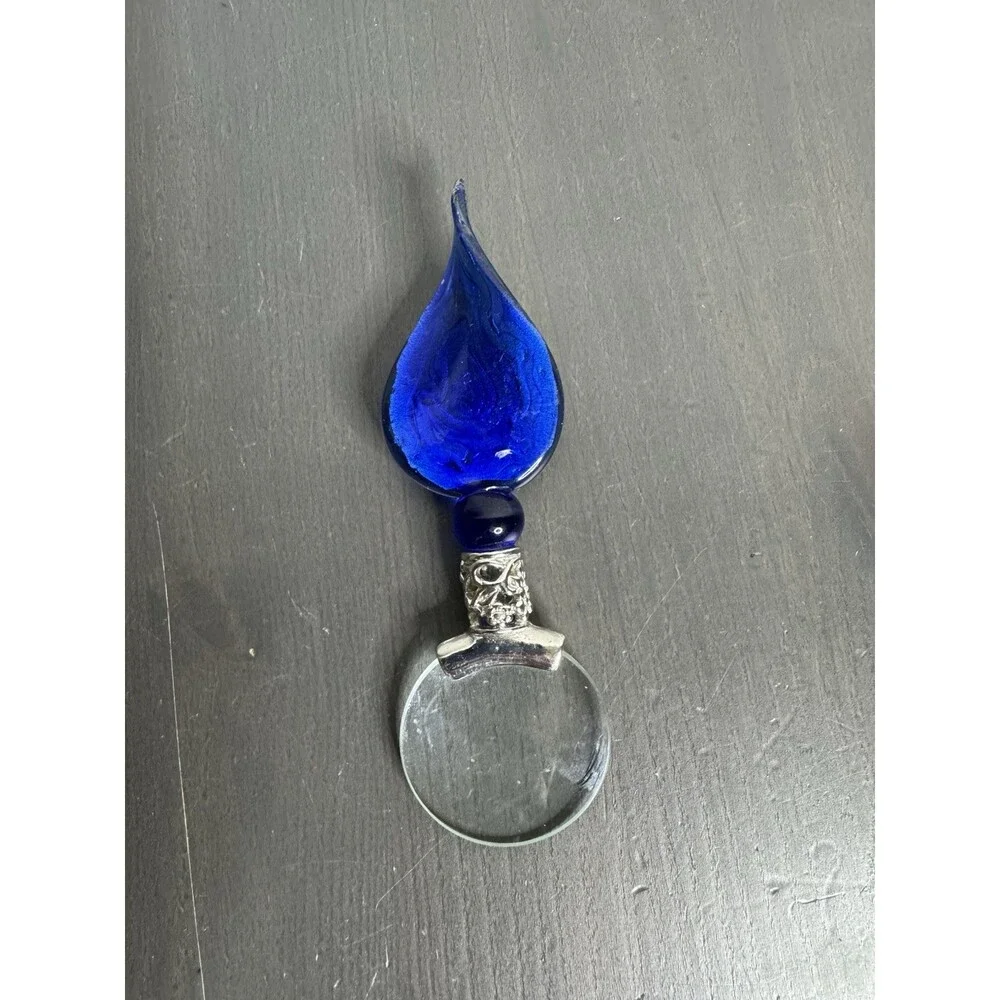 Vintage Art Glass Magnifying Glass Hand Held Red Blue Silver 5
